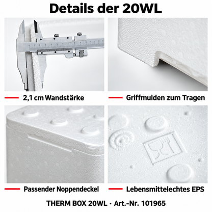 THERM BOX 20WL Styroporbox 20 Liter Innen: 45,8x25,8x17,1cm Wandstärke: 2,1cm