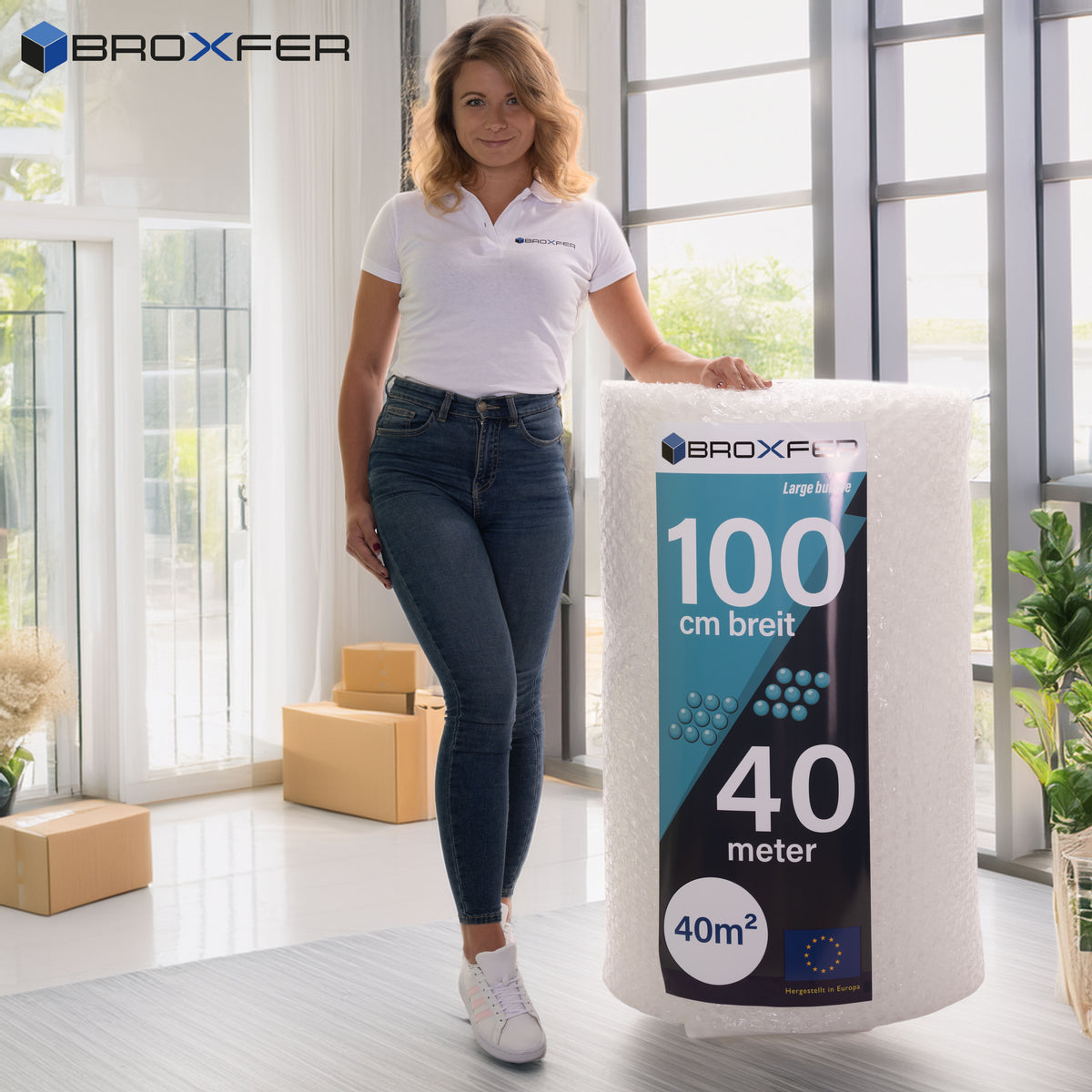 Broxfer Luftpolsterfolie Rolle große Noppen 1m x 40m Polsterfolie für Umzug / Versand 2-schichtig LPF