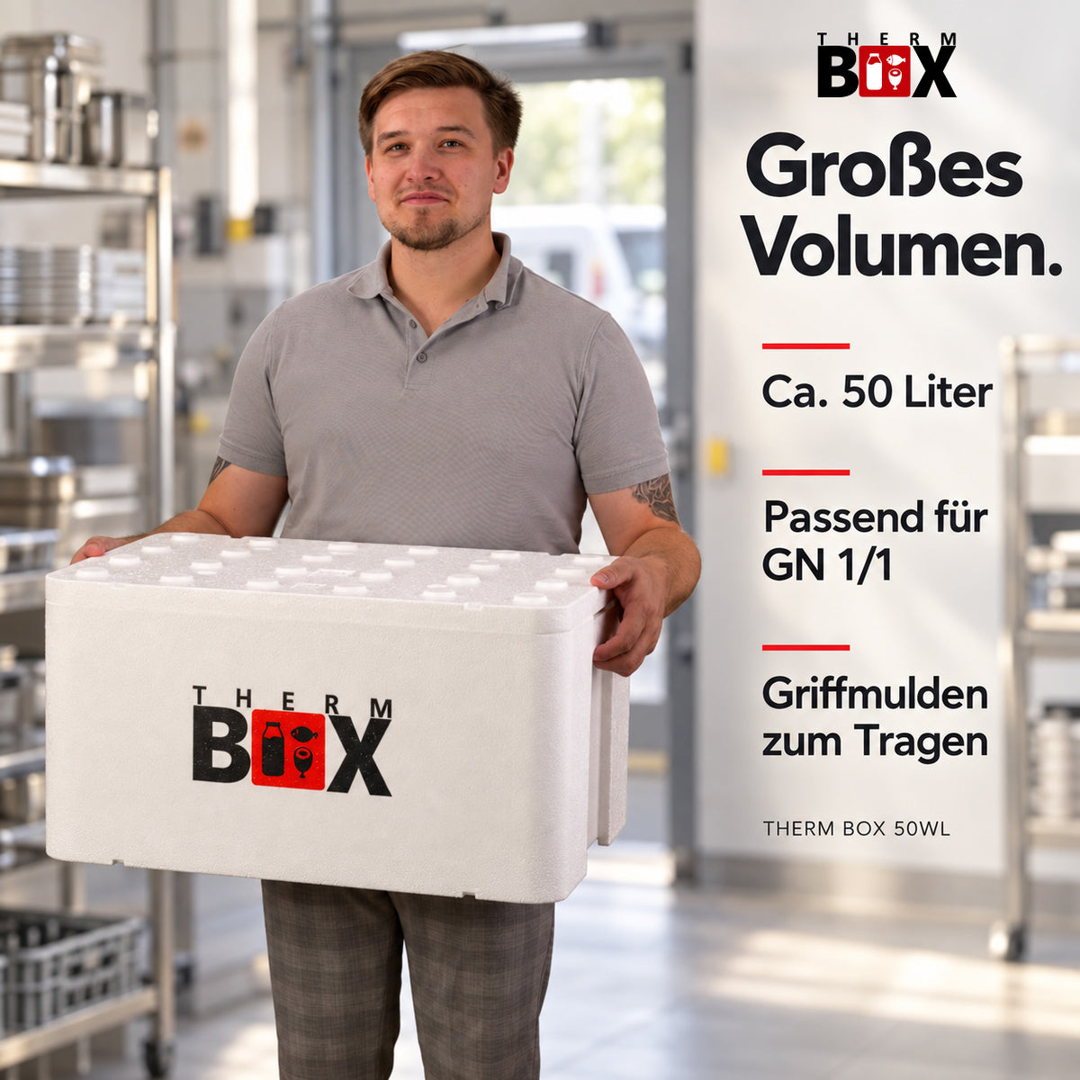 THERM BOX 50WL GN 1/1 Styroporbox 50 Liter Innen 54,6x34,6x27,1cm Wandstärke: 2,5cm