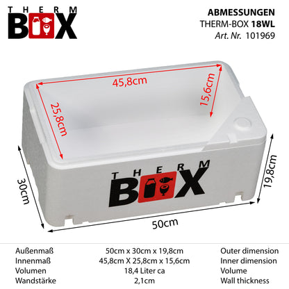 THERM BOX 18WL Styroporbox 18 Liter Innen 45,8x25,8x15,6cm Wandstärke: 2,1cm