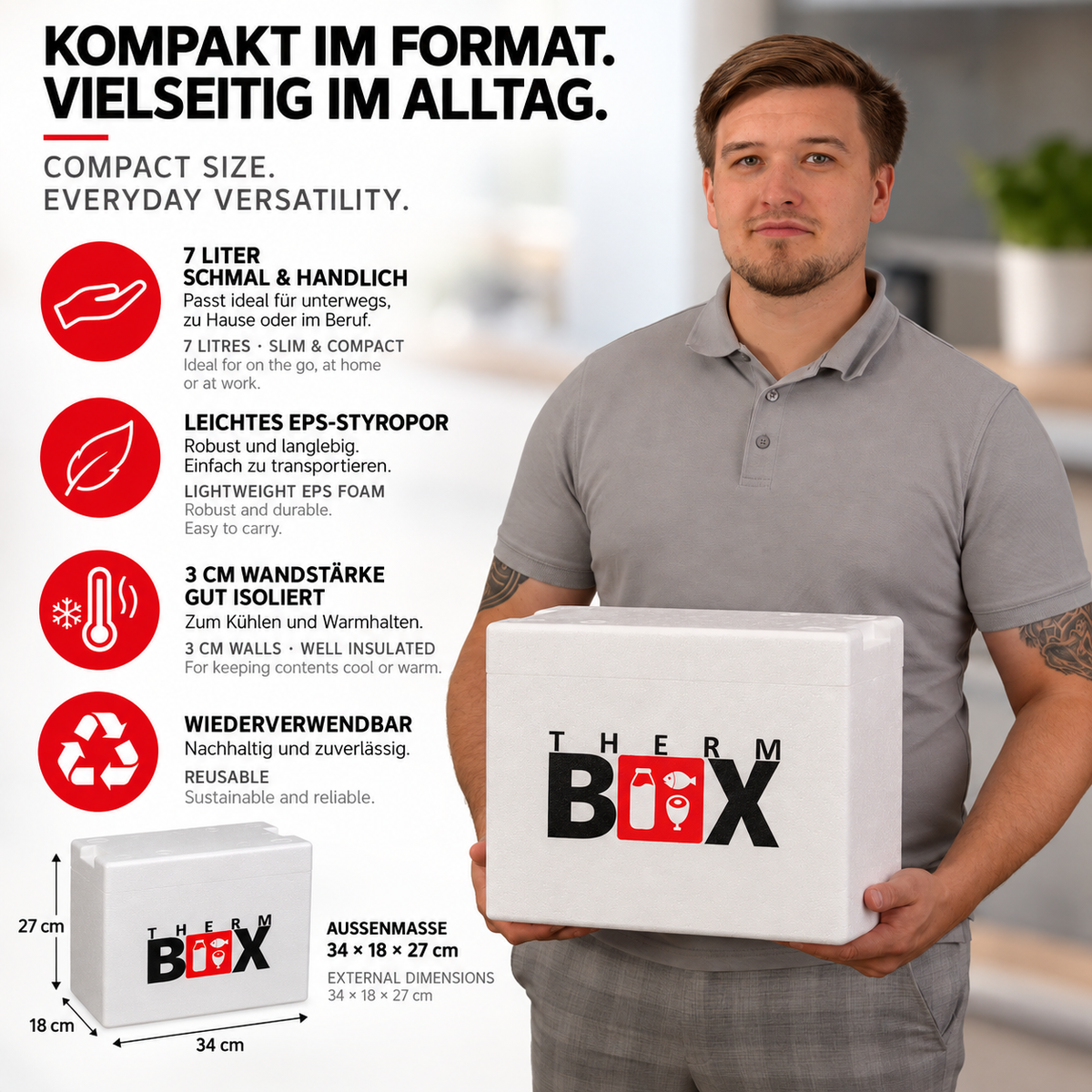 THERM BOX 7WH Styroporbox 7 Liter Innen 28x12x21cm Wandstärke: 3cm