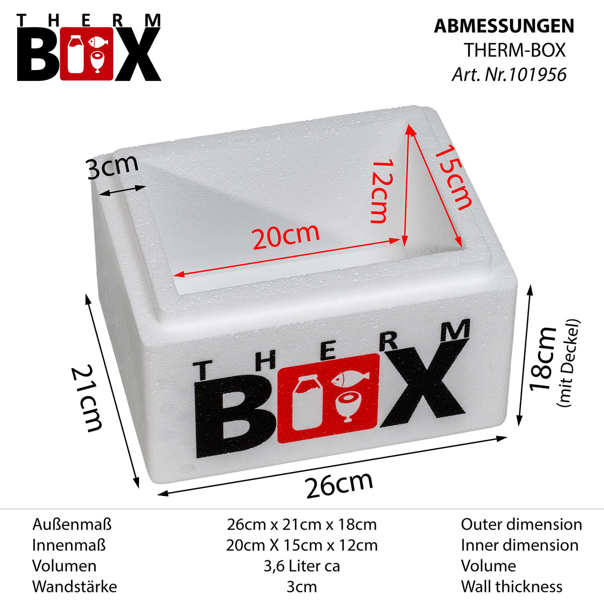 THERM BOX 4W Styroporbox 3,6 Liter Innen: 20x15x12cm Wandstärke: 3cm