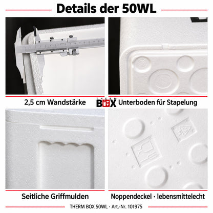 THERM BOX 50WL GN 1/1 Styroporbox 50 Liter Innen 54,6x34,6x27,1cm Wandstärke: 2,5cm