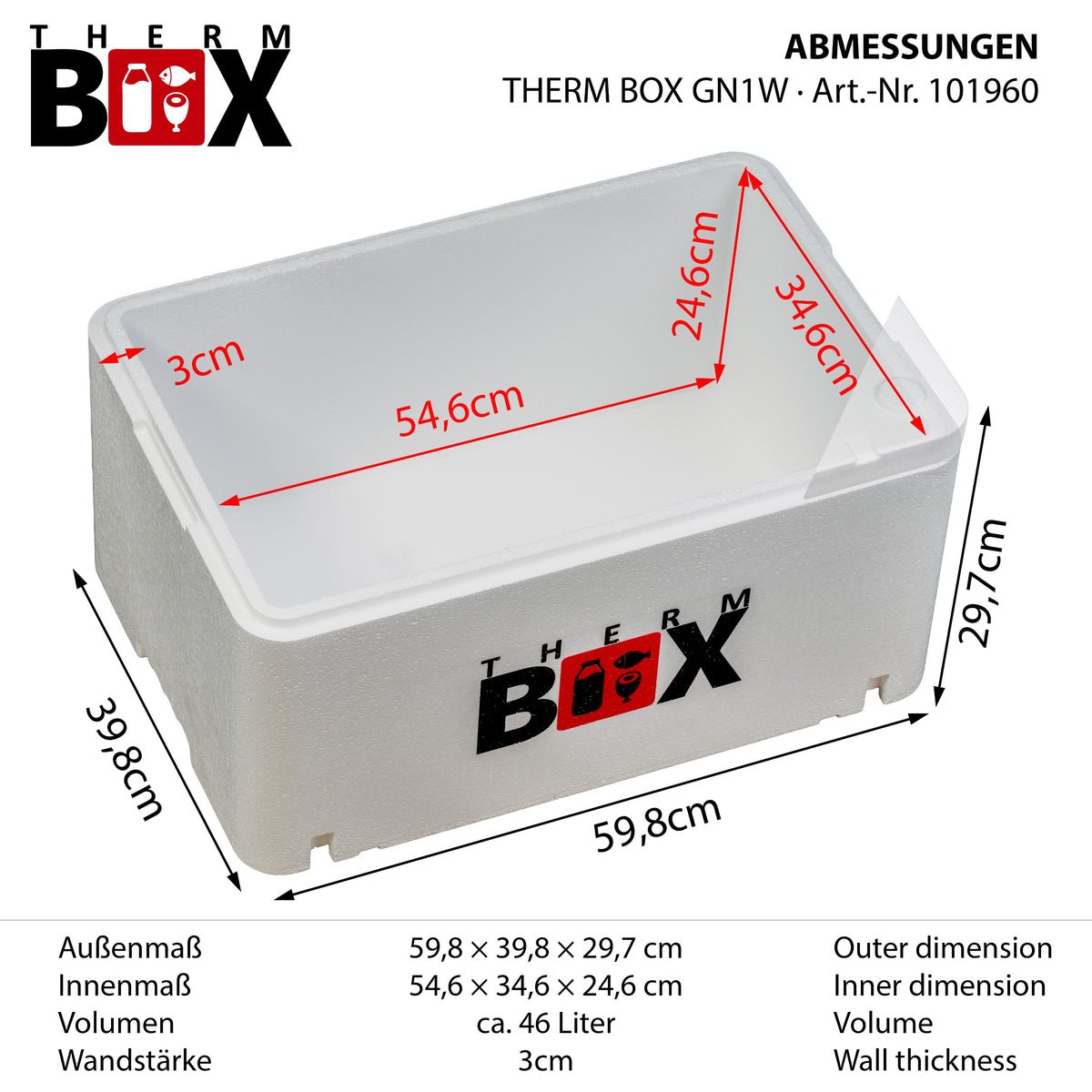 THERM BOX GN1W GN 1/1 Styroporbox 46 Liter Innen 54,6x34,6x24,6cm Wandstärke: 2,6cm