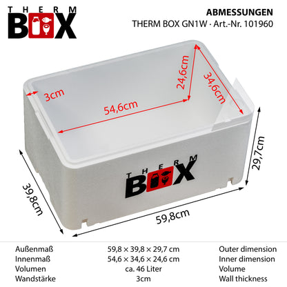 THERM BOX GN1W GN 1/1 Styroporbox 46 Liter Innen 54,6x34,6x24,6cm Wandstärke: 2,6cm