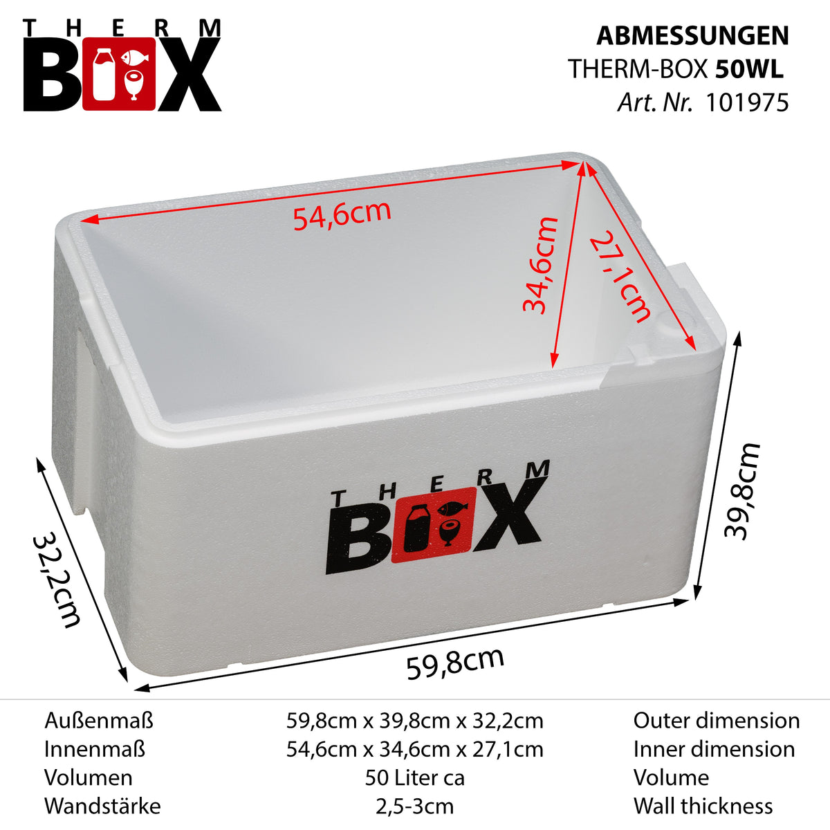 THERM BOX 50WL GN 1/1 Styroporbox 50 Liter Innen 54,6x34,6x27,1cm Wandstärke: 2,5cm