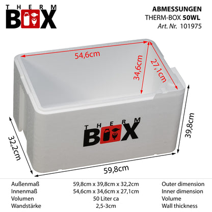 THERM BOX 50WL GN 1/1 Styroporbox 50 Liter Innen 54,6x34,6x27,1cm Wandstärke: 2,5cm