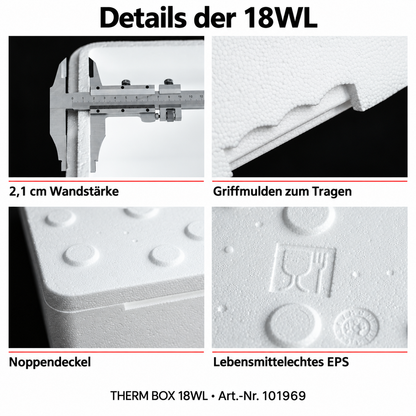 THERM BOX 18WL Styroporbox 18 Liter Innen 45,8x25,8x15,6cm Wandstärke: 2,1cm