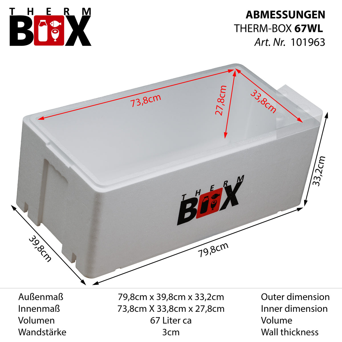 THERM BOX 67WL Styroporbox 67 Liter Innen 73,8x33,8x27,8cm Wandstärke: 3cm