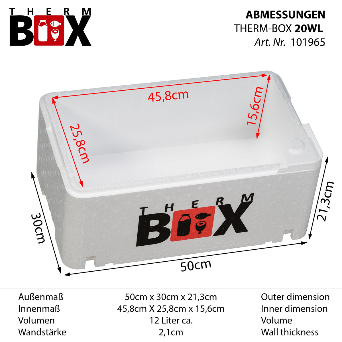 THERM BOX 20WL Styroporbox 20 Liter Innen: 45,8x25,8x17,1cm Wandstärke: 2,1cm